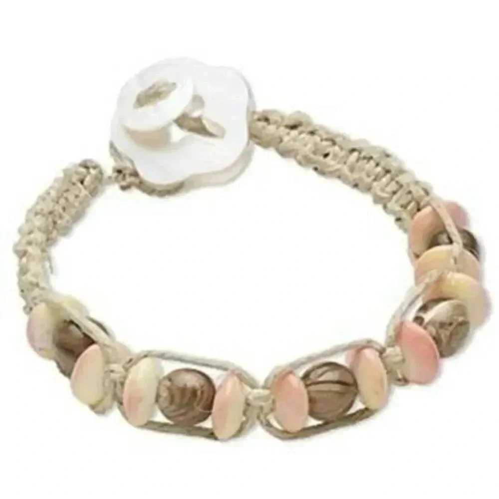 Handcrafted Tan Brown Pink Hemp Wood Yak Bone and Shell Macrame Bracelet